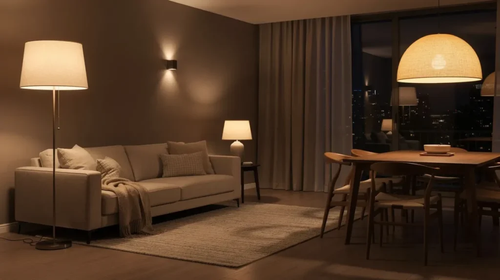 Een sfeervolle woonkamer met licht op verschillende hoogtes, waaronder een slanke lamp naast de bank en een warme hanglamp boven de eettafel. Het licht zorgt voor een gezellige ambiance en verlicht donkere hoeken.
