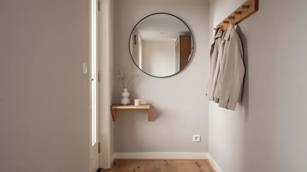 Een smalle hal met een ronde spiegel, een houten kapstok en een klein wandplankje met een vaasje. De rustige tinten passen bij een strak interieur.