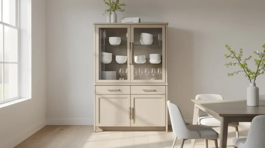 Een stijlvol ingerichte buffetkast met glazen deuren staat in een lichte eetkamer, waar mooi serviesgoed en glazen achter de deuren zijn uitgestald. Het onderste gedeelte biedt opbergruimte voor verschillende maten voorwerpen, terwijl het bovenste gedeelte een speels effect creëert met decoratieve accessoires en glaswerk.