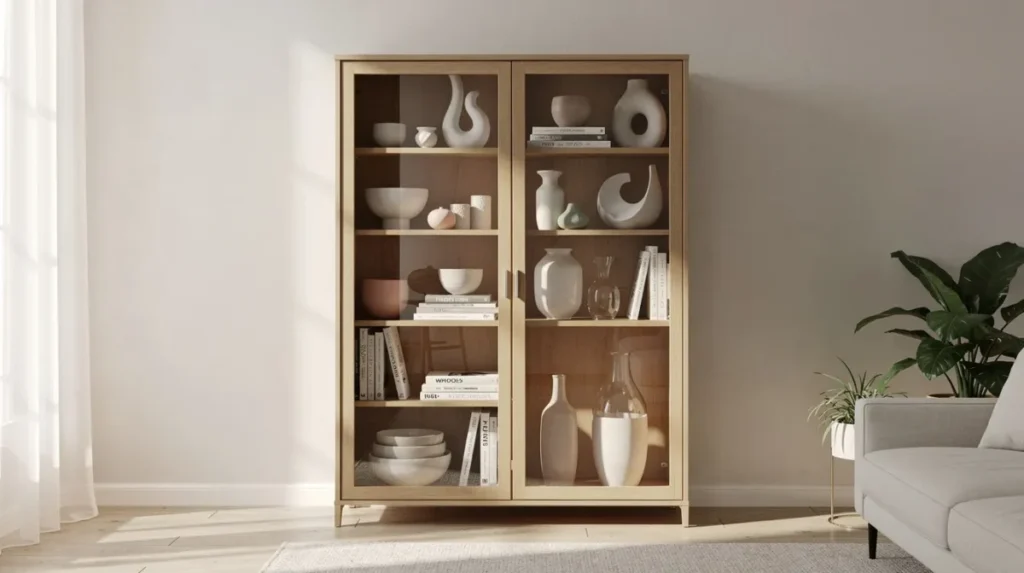 Een stijlvol ingerichte glazen vitrinekast in een lichte woonkamer, met groepen keramiek, boeken en vazen op verschillende planken. De kast bevat mooie serviesstukken en andere verzamelobjecten, waardoor een harmonieus geheel ontstaat dat een persoonlijke touch aan de ruimte geeft.