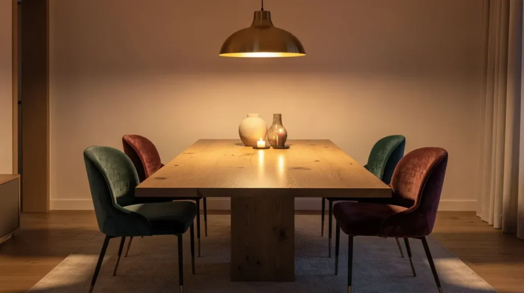 Een stijlvolle eetkamer met luxe velvet eetkamerstoelen rondom een houten eettafel, sfeervol verlicht door een hanglamp. De groene velvet stoelen voegen een vleugje elegantie toe aan het moderne interieur.
