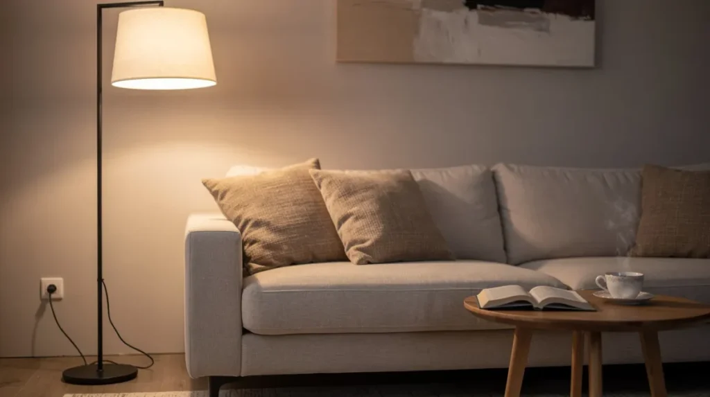 Een stijlvolle lamp staat naast een comfortabele bank, omringd door kussens, met een bijzettafeltje waarop een boek en een kopje thee liggen — zo'n stijlvolle lamp maakt de moderne woonkamer compleet.