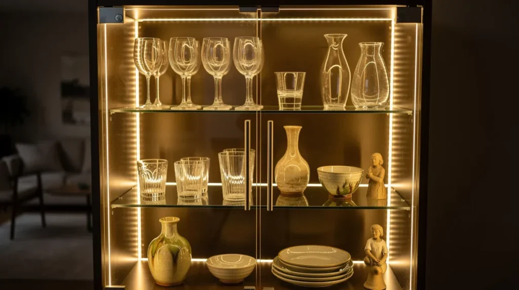 Een warm verlichte vitrinekast accentueert prachtig glaswerk en keramiek, waardoor de mooiste spullen in de spotlight staan. De kast, met een sfeervolle uitstraling, biedt een perfecte balans tussen decoratie en opbergruimte, ideaal voor het inrichten van je woonkamer.