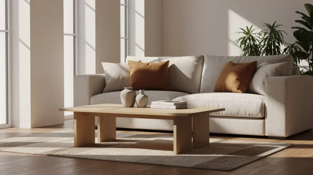 Een woonkamer in aardse kleuren met een linnen bank en een houten salontafel, waar zachte schaduwen door de ramen vallen. Deze ruimte weerspiegelt de wabi sabi stijl met zijn imperfecte meubels en natuurlijke materialen, wat bijdraagt aan een sfeer van sereniteit en rustieke eenvoud.