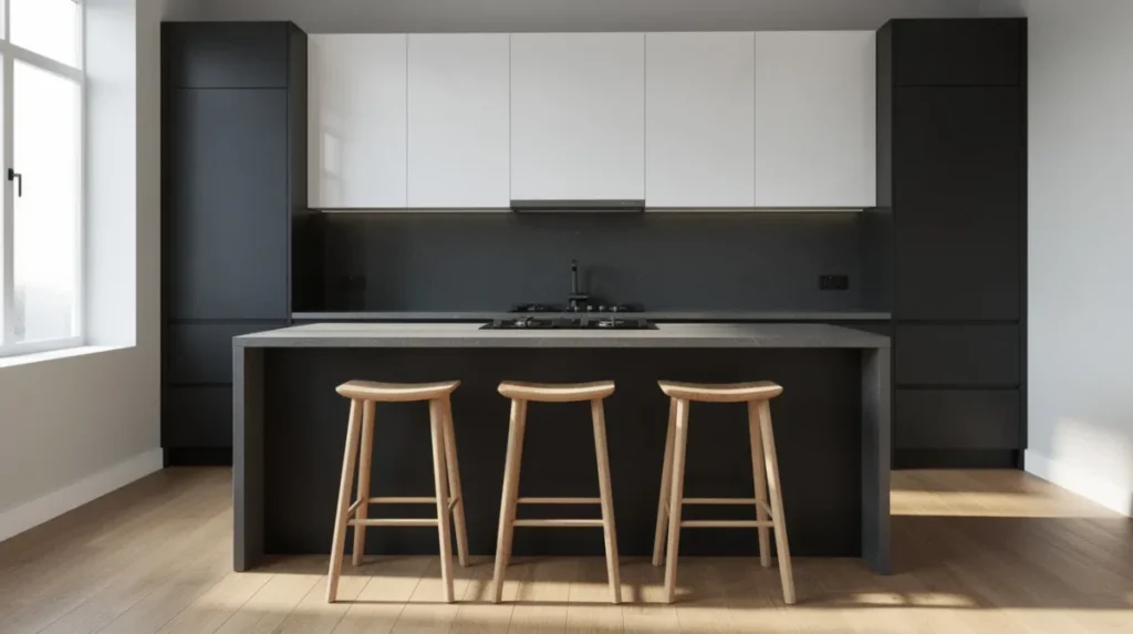 Een zwart-witte keuken met een donker kookeiland en houten barkrukken, waar de witte bovenkastjes een strak contrast vormen. De ruimte straalt modern minimalisme uit en biedt eindeloze mogelijkheden voor een gezellige sfeer.