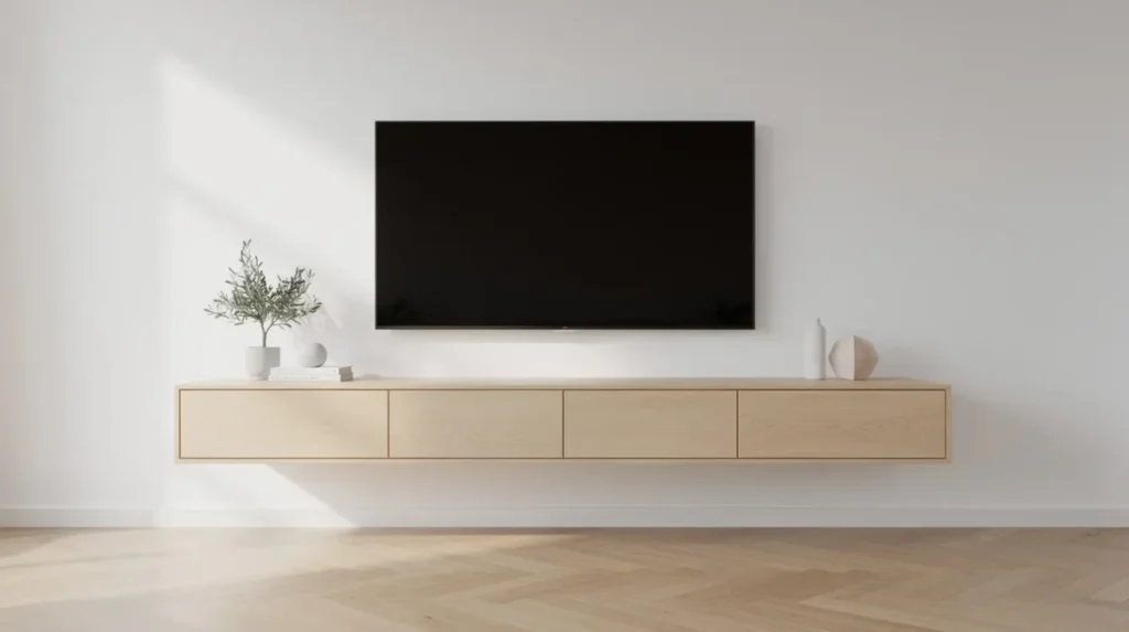 Een zwevend tv meubel in lichte houtkleur hangt aan een witte muur, met daarboven een grote flatscreen televisie. Dit meubelstuk biedt een moderne uitstraling en is ideaal voor een comfortabele kijkervaring in de woonkamer.