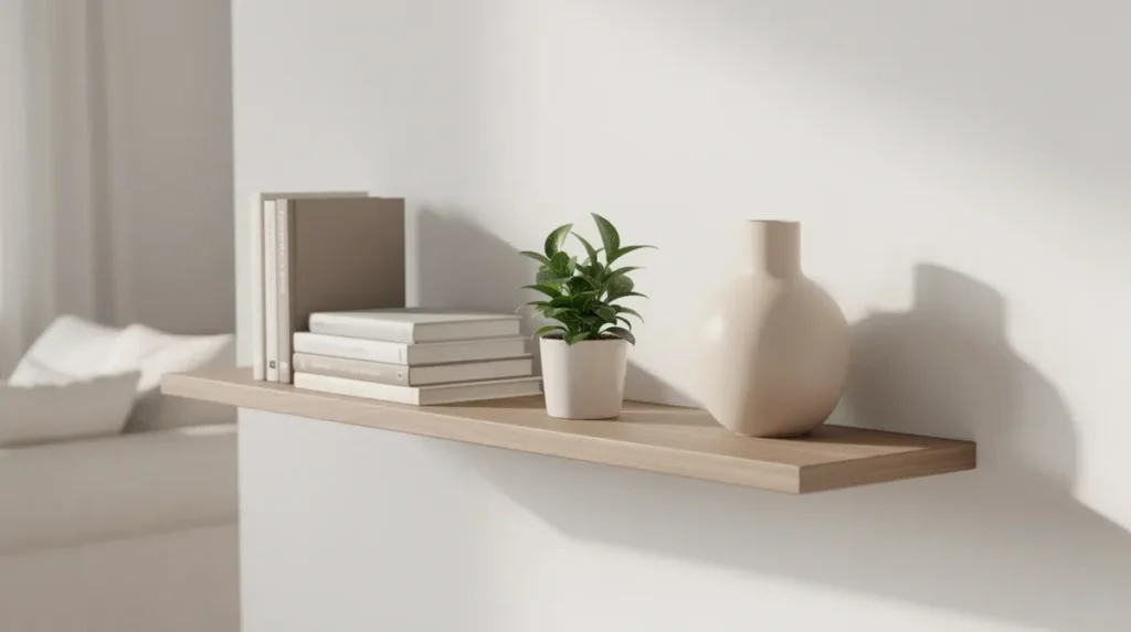 Gestylede wandplank met boeken, een kleine plant en een keramieken vaas