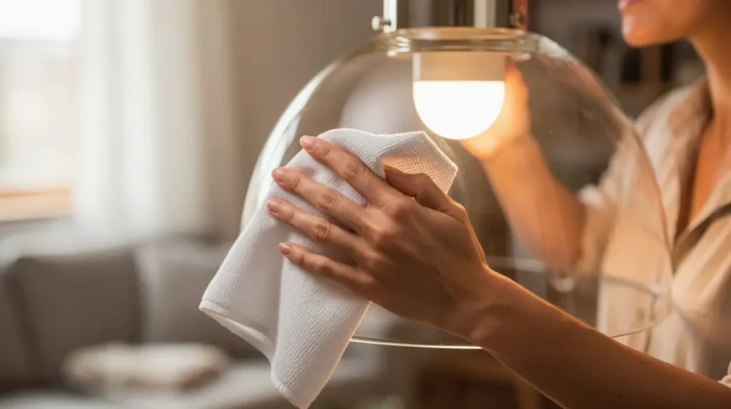 Glazen lampenkap wordt drooggewreven met een droge doek