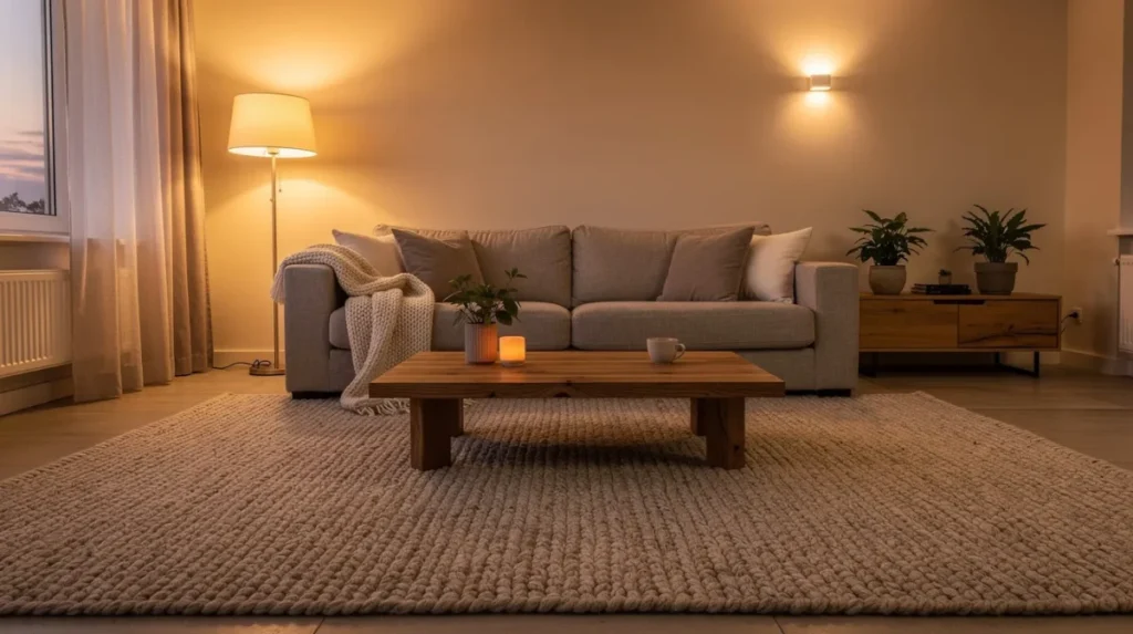 Grijze bank en houten salontafel op een groot licht kleed in een woonkamer