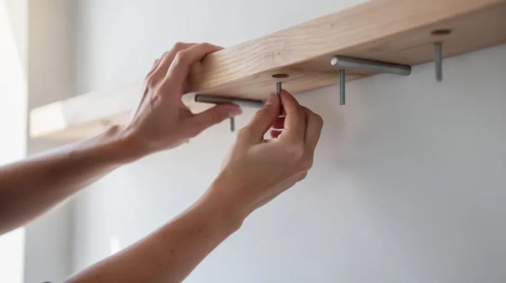 Handen schuiven een houten plank over blinde metalen pennen in een witte muur