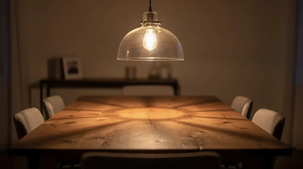 Hanglamp van glas boven een houten eettafel met warm licht