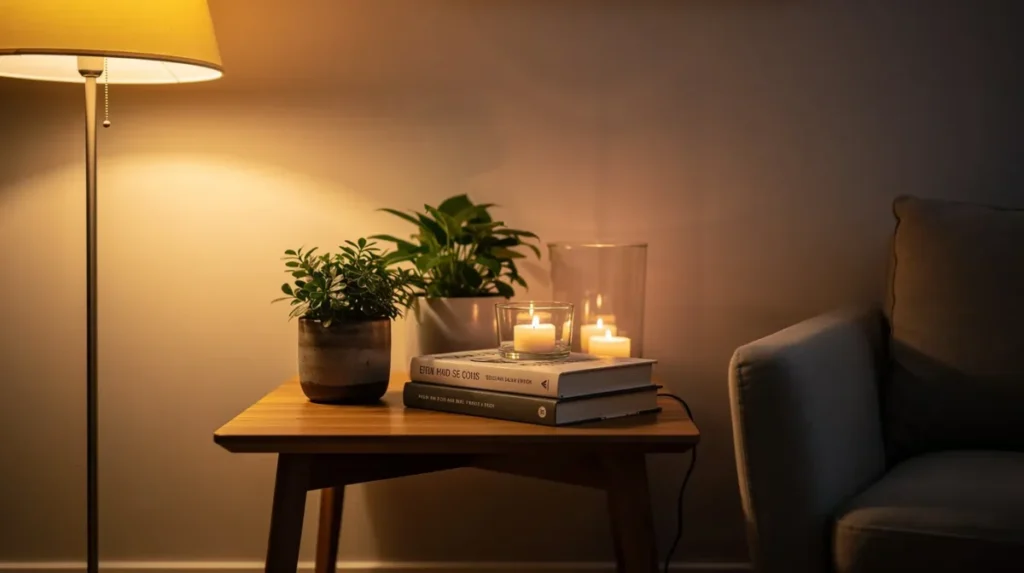 Hoek in de woonkamer met warm licht, boeken, planten en kaarsen op een bijzettafel