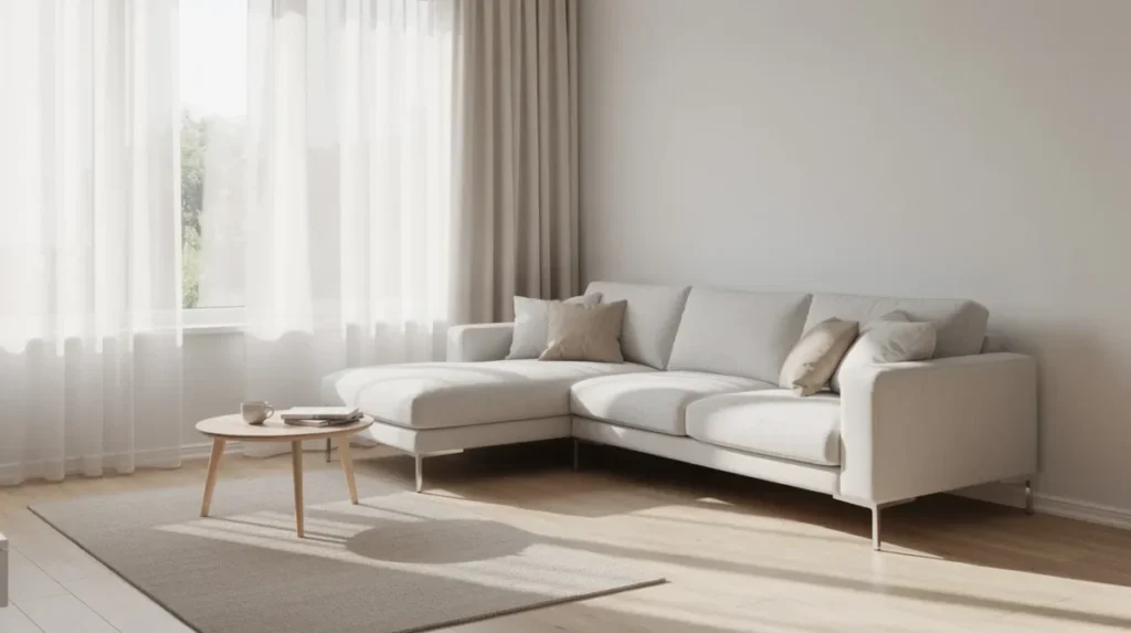 Hoekbank in beige op slanke poten in een zonnige woonkamer met neutrale tinten