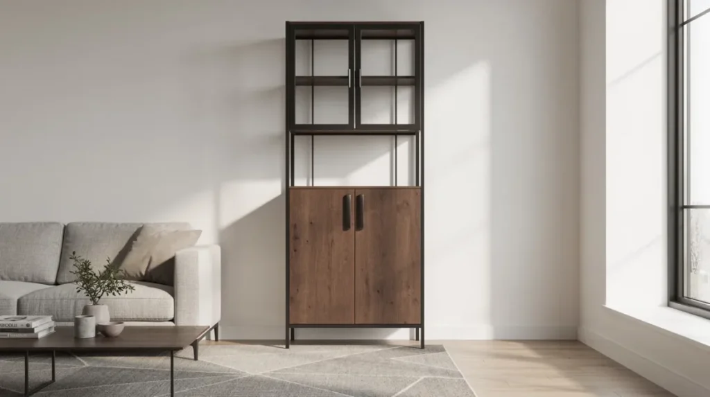 Hoge kast van donker hout en metaal met open planken in een moderne woonkamer