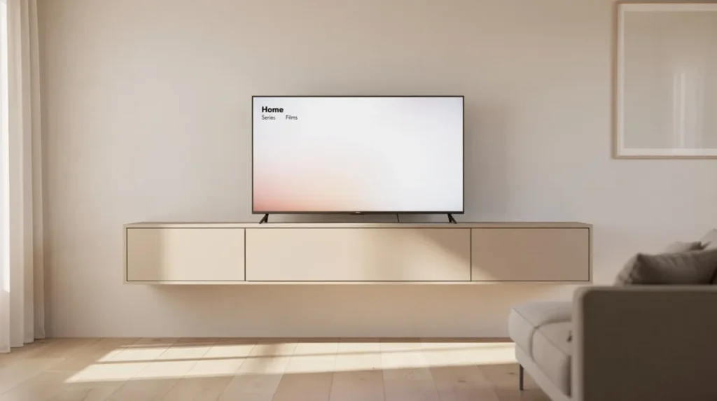 Houten zwevend tv-meubel op ideale hoogte aan een lichte wand, met vrije vloer eronder