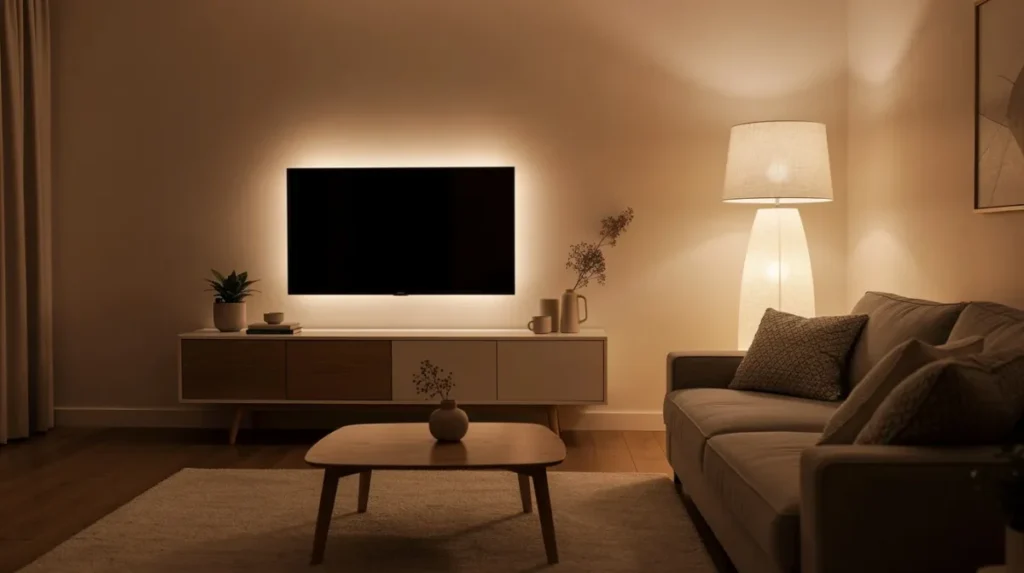In de woonkamer is sfeervolle verlichting te zien met led strips die achter het tv-meubel zijn geplaatst, wat zorgt voor een warme uitstraling. Zo'n slank model in de hoek geeft extra warmte.