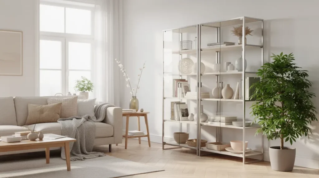 In deze lichte woonkamer staat een hoge glazen vitrinekast, gevuld met mooie servies en kristallen glazen, naast een groene plant. De comfortabele zithoek creëert een harmonieus geheel, terwijl de vitrinekast een prominente plek inneemt en een speels effect toevoegt aan de inrichting.