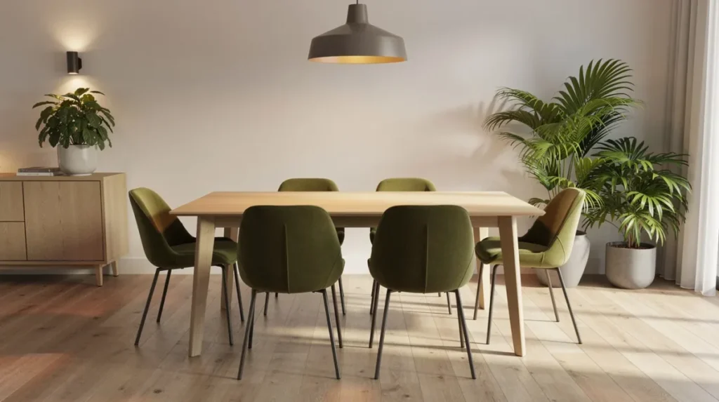 In een moderne eetkamer staan olijfgroene kuipstoelen rond een licht eiken eettafel, omringd door planten en warme verlichting, wat bijdraagt aan een gezellige en uitnodigende sfeer. De combinatie van natuurlijke materialen en warme kleuren zorgt voor een harmonieuze uitstraling die perfect past in een minimalistisch interieur.