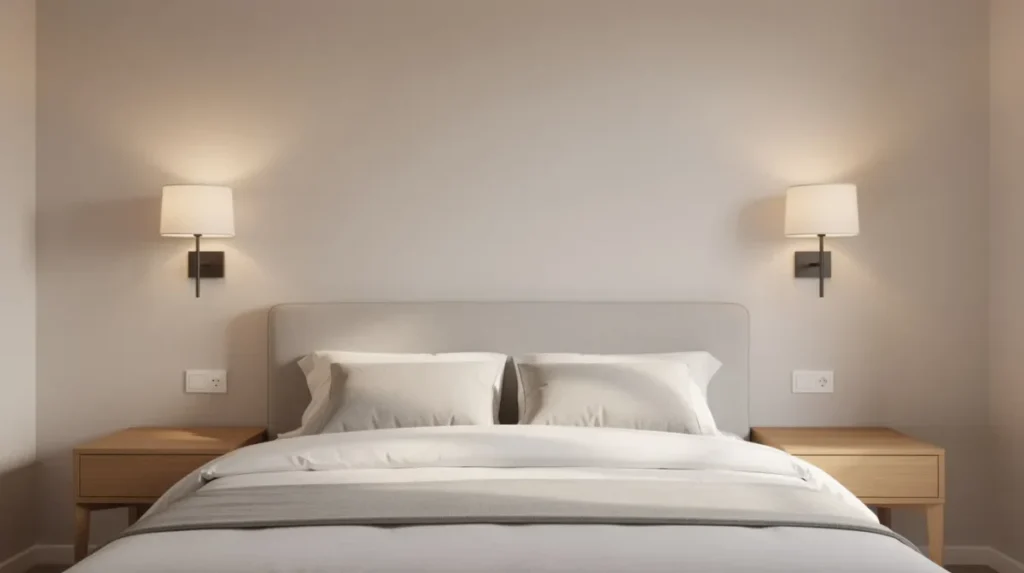 In een sfeervolle slaapkamer zijn aan weerszijden van het bed twee wandlampen op leeshoogte geplaatst, die zorgen voor voldoende licht zonder verblinding. Deze wandlampen creëren een gezellige sfeer en bieden functionele verlichting die perfect is voor het lezen.