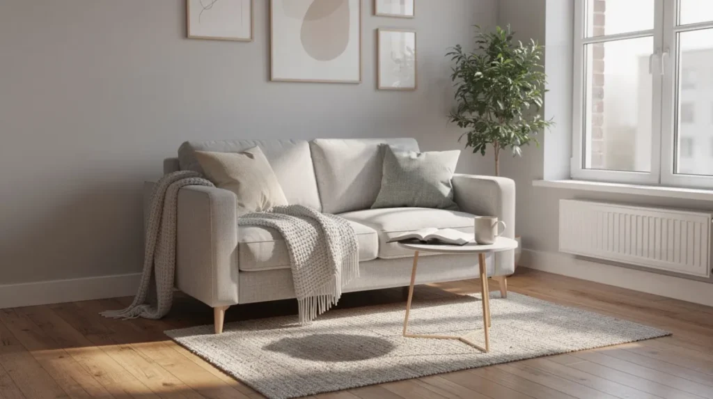 Kleine woonkamer met een tweezitsbank voor een groot raam met daglicht