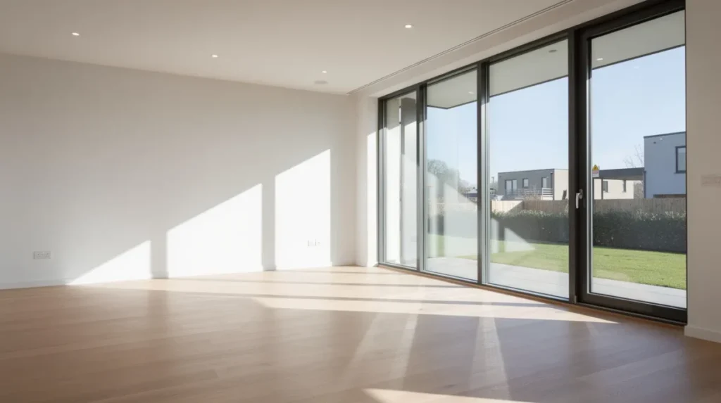 Lege woonkamer met grote ramen en veel daglicht op een houten vloer