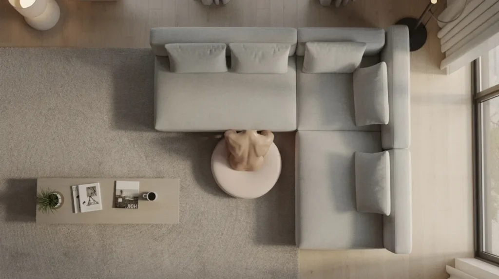 Licht rond kleed deels onder een hoekbank in een moderne woonkamer