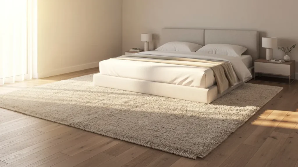 Lichte slaapkamer met een groot hoogpolig vloerkleed deels onder het bed