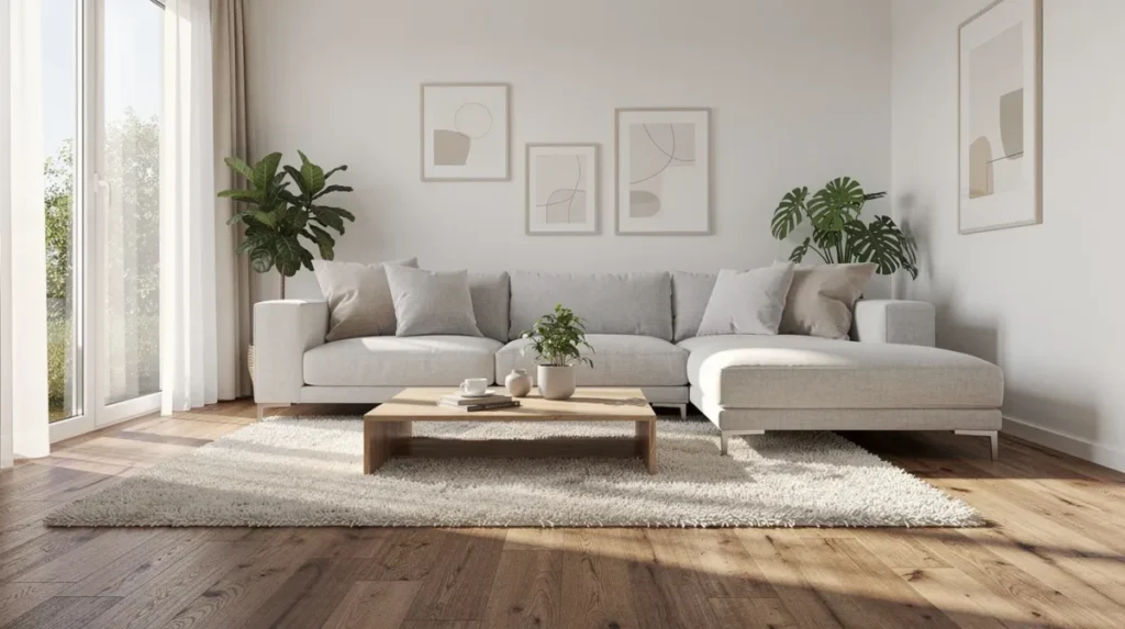 Lichte woonkamer met een bank, salontafel en vloerkleed bij een groot raam