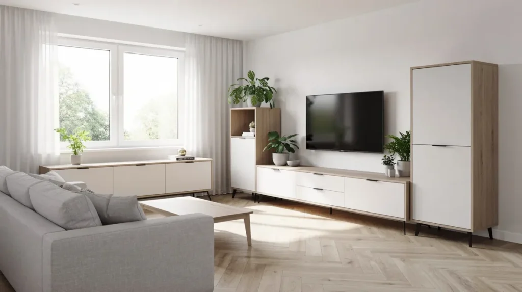 Lichte woonkamer met een lage kast onder het raam en een hoge kast naast de tv