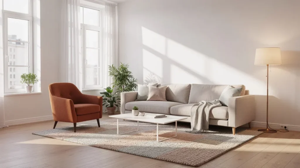 Lichte zithoek met een beige bank, een fauteuil in warme tint en een vloerkleed