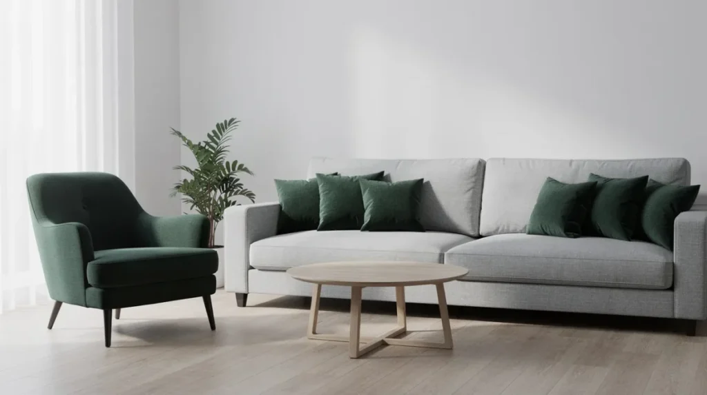 Lichtgrijze bank met een fauteuil in donkergroene stof en bijpassende groene kussens