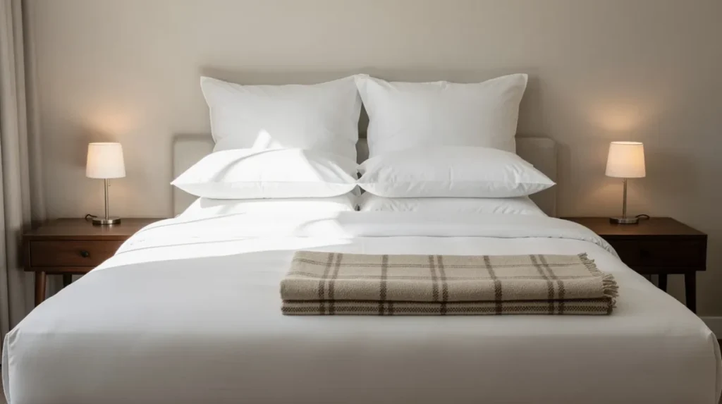 Opgemaakt tweepersoonsbed met witte lakens en een gevouwen plaid