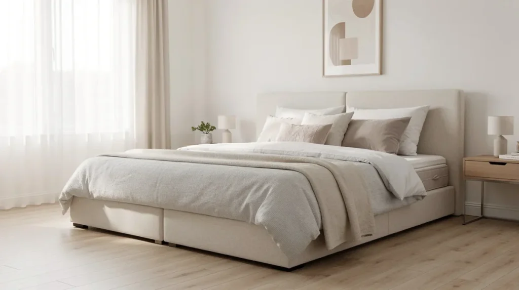 Opgemaakte boxspring met lichte stof en zachte kussens in een rustige slaapkamer