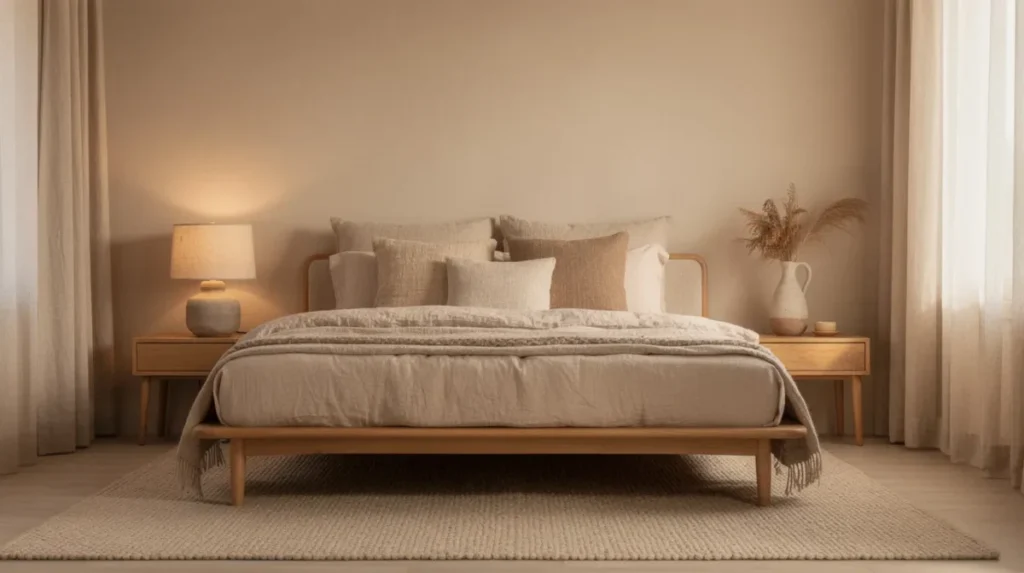 Slaapkamer in zachte aardetinten met hout en linnen textiel