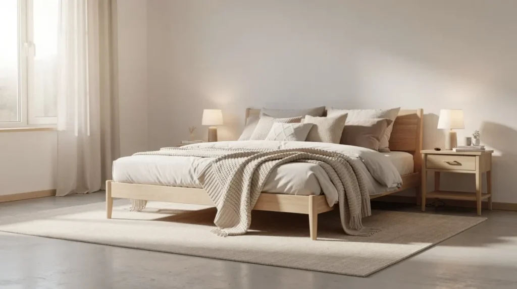 Slaapkamer met een warme sfeer en een groot beige vloerkleed onder een houten bed