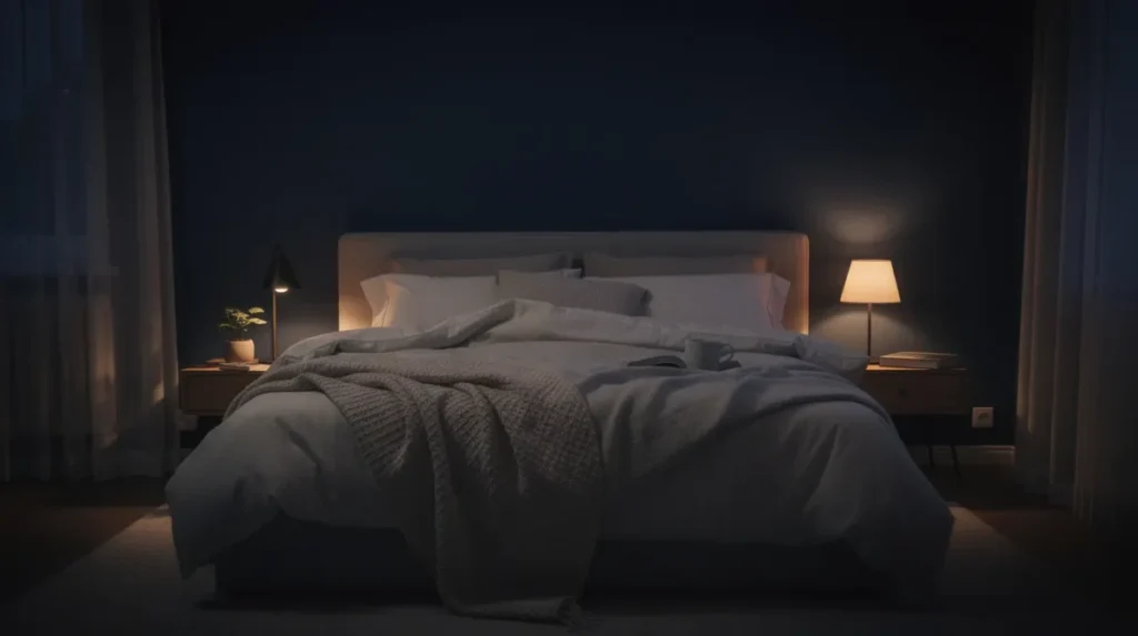 Slaapkamer met nachtblauwe muren, licht beddengoed en warme bedlampjes