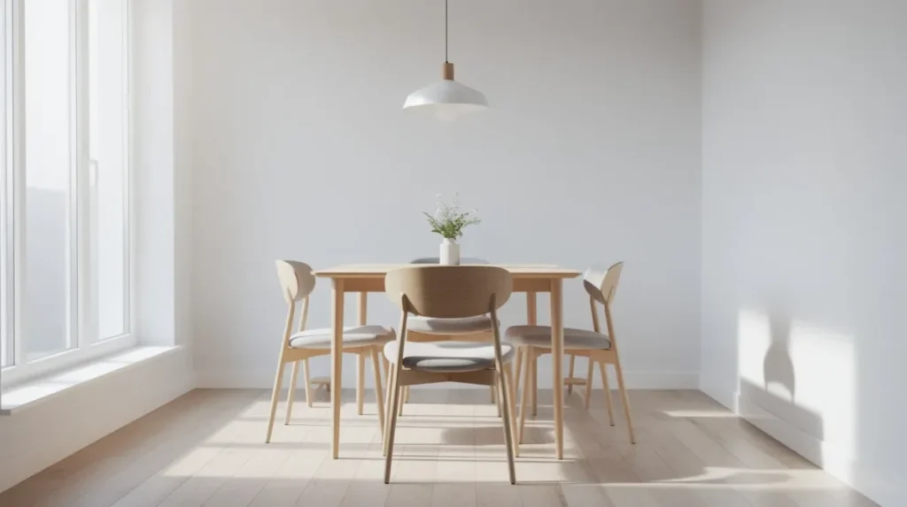 Smalle rechthoekige eettafel met slanke stoelen en een hanglamp in een lichte eethoek