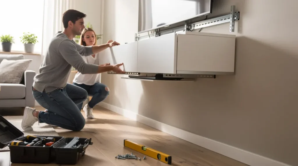 Twee mensen hangen een zwevend tv-meubel stevig aan een ophangrail op de juiste hoogte