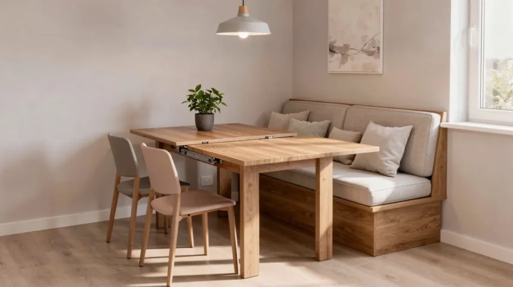 Uitschuifbare houten eettafel met een eetbank in een compacte woonkamer