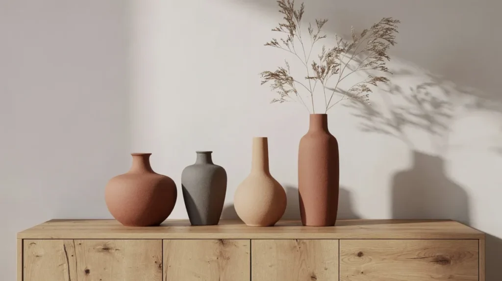 Vijf vazen in aardetinten staan op een houten dressoir, variërend in hoogte en met een grote vaas gevuld met gedroogde takken. Deze combinatie van vazen creëert een sfeervol interieur en voegt karakter toe aan de ruimte.