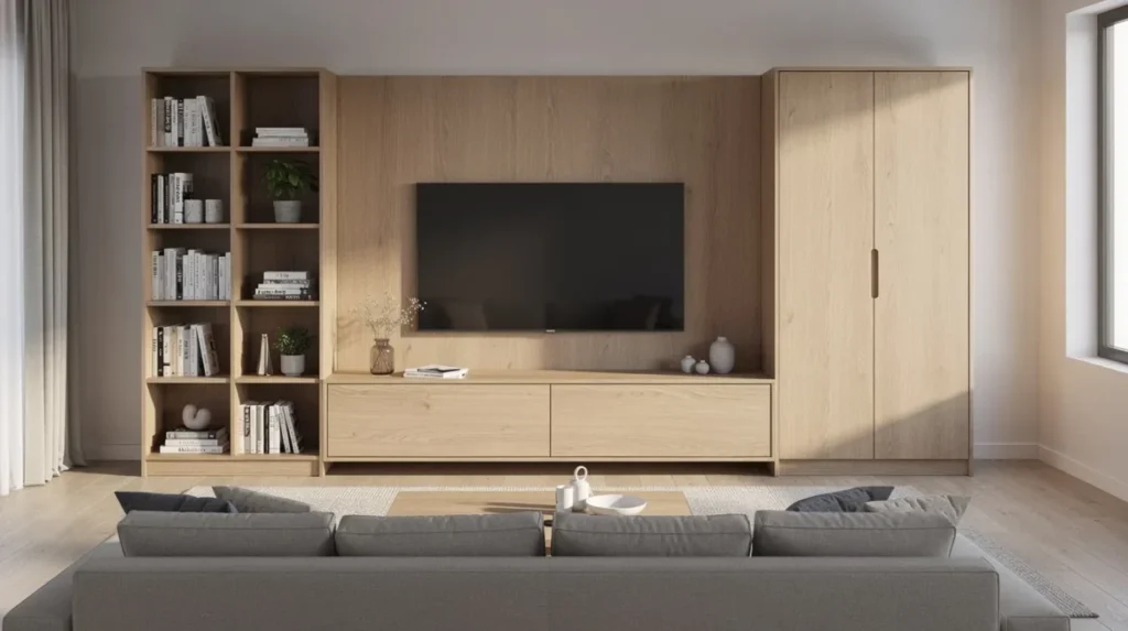 Wand met een tv-meubel, boekenkast en hoge kast in dezelfde warme houtkleur
