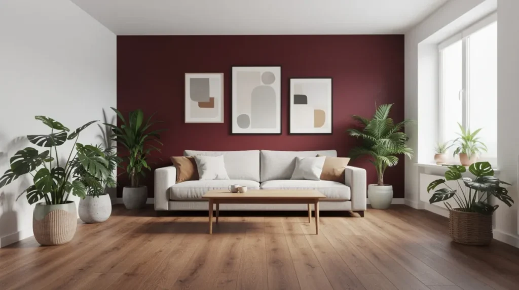 Woonkamer met een bordeauxrode accentmuur, lichtbeige bank, houten vloer en groene planten