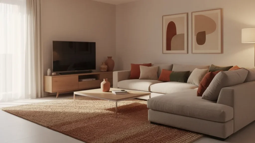 Woonkamer met een hoekbank, salontafel en een zacht kleed in aardetinten