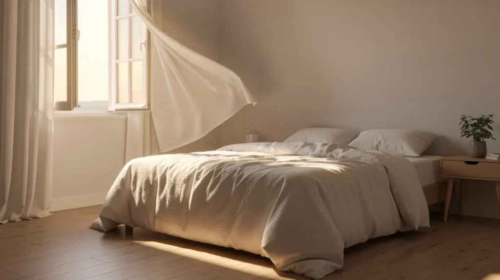 Zonlicht door een open raam valt op een opgemaakt bed met dekbed en plaid