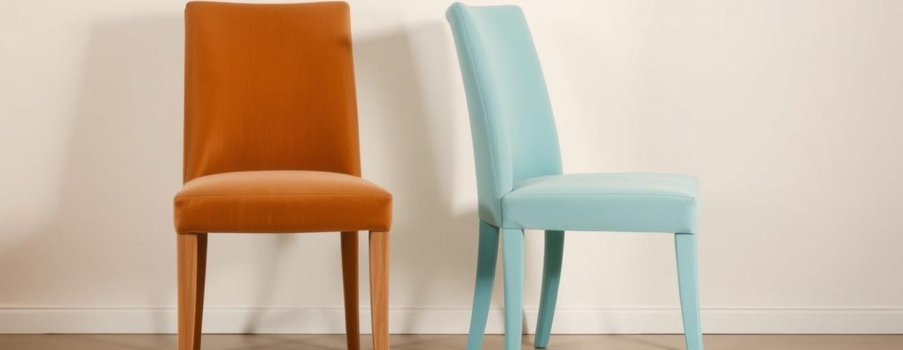 Twee eetkamerstoelen, één in oranje en één in lichtblauw, staan naast elkaar op een vloer.