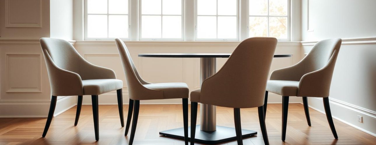 Set van vier beige eetkamerstoelen rond een ronde tafel in een lichte ruimte.