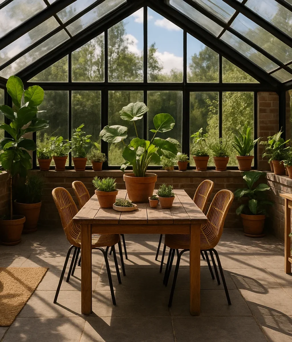 Een zonovergoten serre-eetkamer met een houten tafel, zes stoelen en veel potplanten. De ruimte heeft glazen muren en een glazen plafond, waardoor er natuurlijk licht binnenvalt en je uitzicht hebt op het weelderige groen buiten.