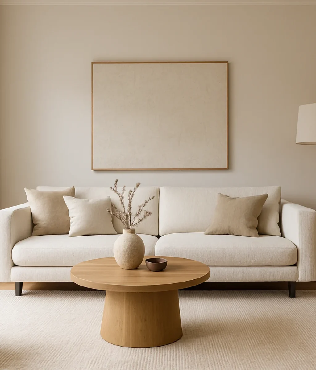 Minimalistische woonkamer met een crèmekleurige bank en kussens, ronde houten salontafel met een vaas, zachte fauteuil, staande lamp en lege ingelijste kunst aan de muur. Een groot raam laat natuurlijk licht binnen.