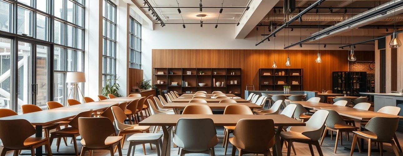 Een eetruimte met meerdere houten tafels en stoelen in een moderne stijl.