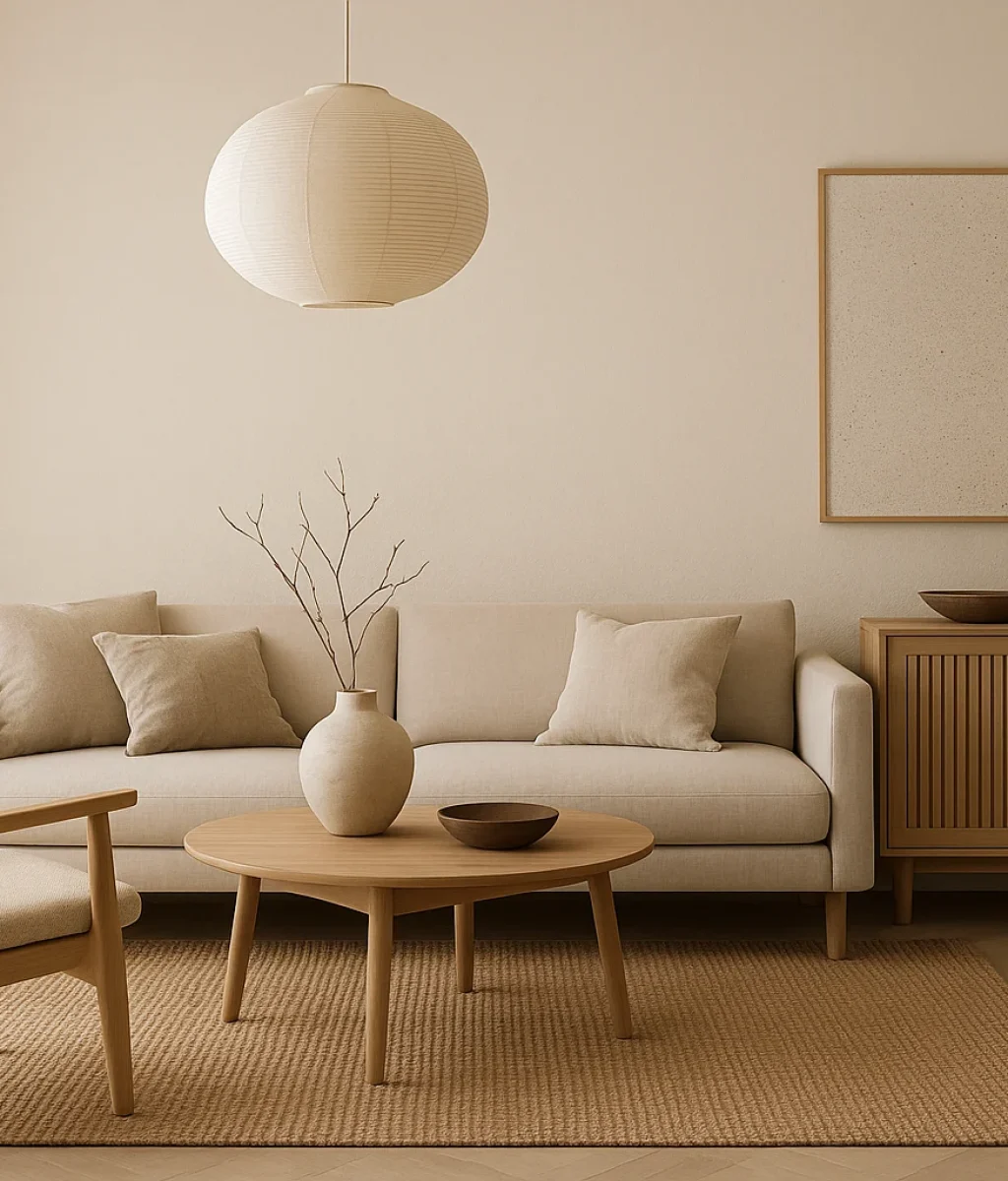 Een minimalistische woonkamer met beige tinten met een bank, fauteuil, salontafel, dressoir, tafellamp, ronde hanglamp en eenvoudige decoratie waaronder vazen en schalen. Boven het dressoir hangt een lege lijst aan de muur.